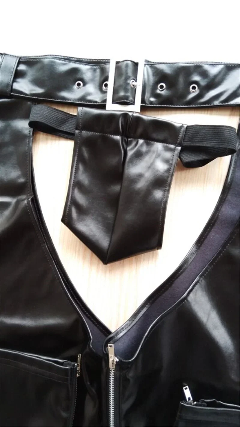 Men Trousers Leather Pants Cowboy Chaps Thongs Sleeves Backless Moto Cool Outfits Stripper Adult