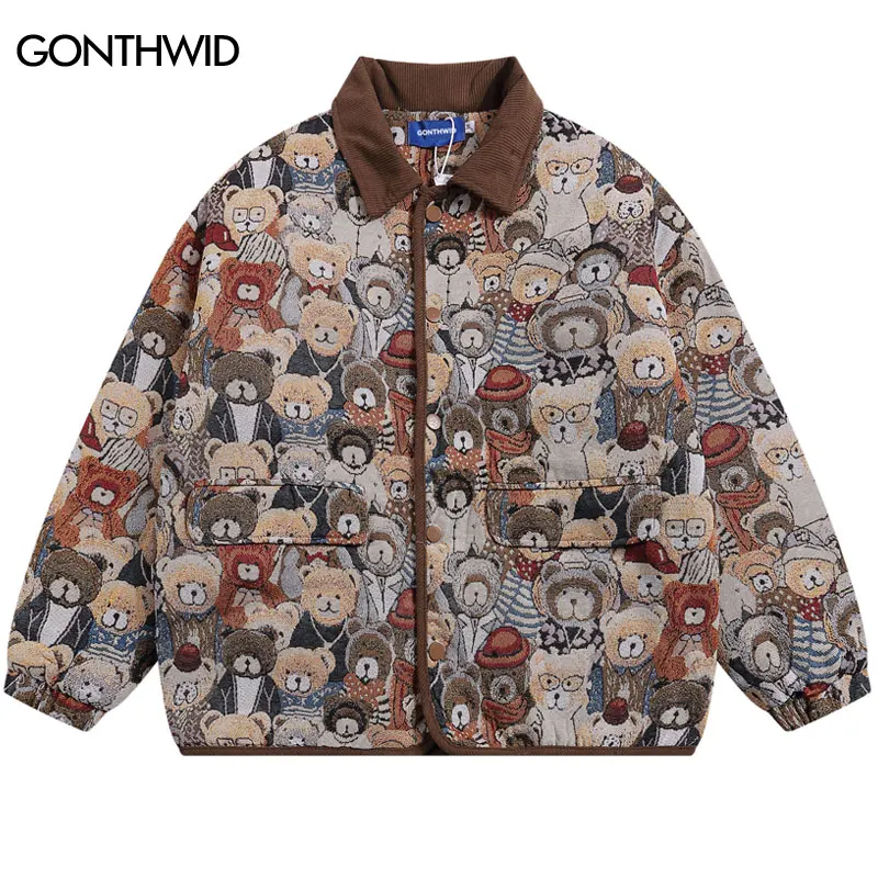 

Vintage Jacket Winter Thick Coat Y2K Hip Hop Retro Cartoon Teddy Bear Padded Jackets 2023 Harajuku Fashion Loose Coat Streetwear