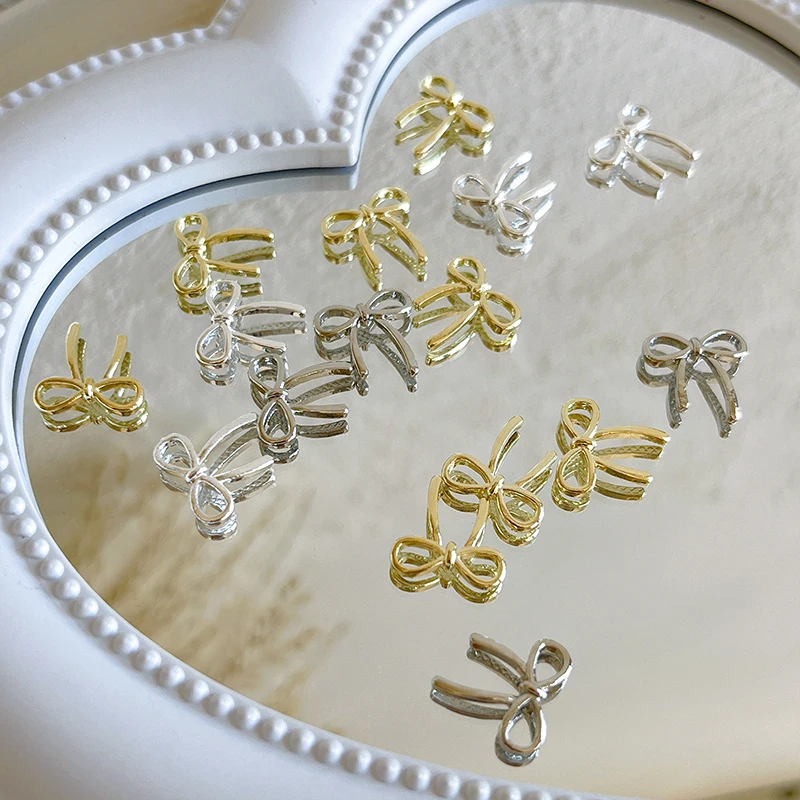 10pcs Bow Deco Nail Art Charm 3D Silver/Gold Bowknot Ribbon Nail Decor Parts DIY Luxury Manicure Accessories 3