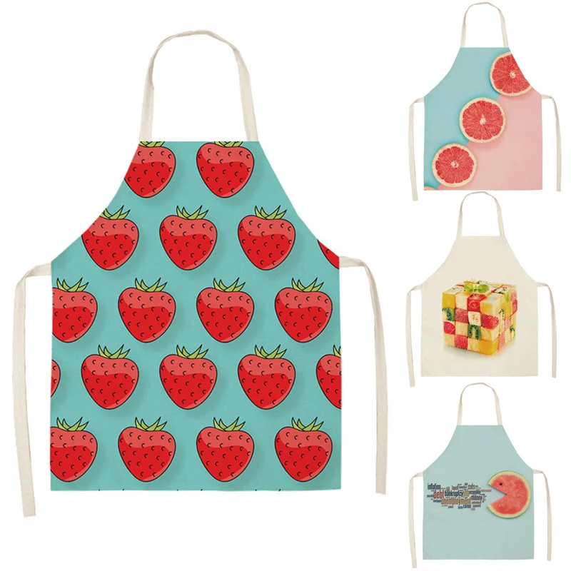 

Fruits Pattern Kitchen Apron for Woman Banana Apples Strawberry Sleeveless Cotton Linen Aprons Cooking Home Cleaning Tools