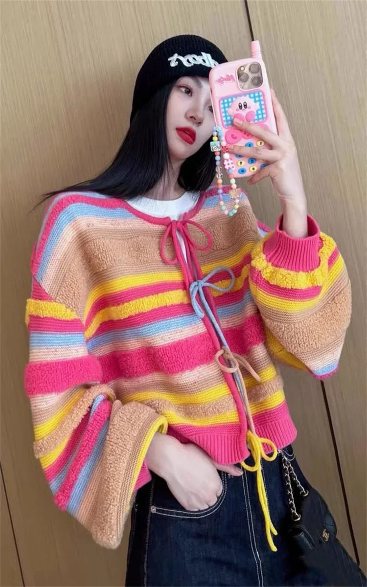

Вязаный свитер в радужную полоску, женская одежда, повседневная облегающая верхняя одежда, Женский Свободный Повседневный модный кардиган, топы, женский свитер