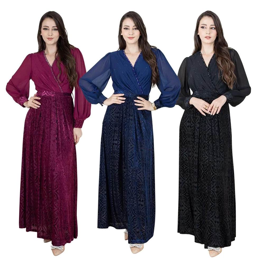 

Women's Dress Abaya Velvet Burnt Flower Chiffon Hot Diamond Fashion Banquet Dress Robe for Party V-neck Elegant Long Dress