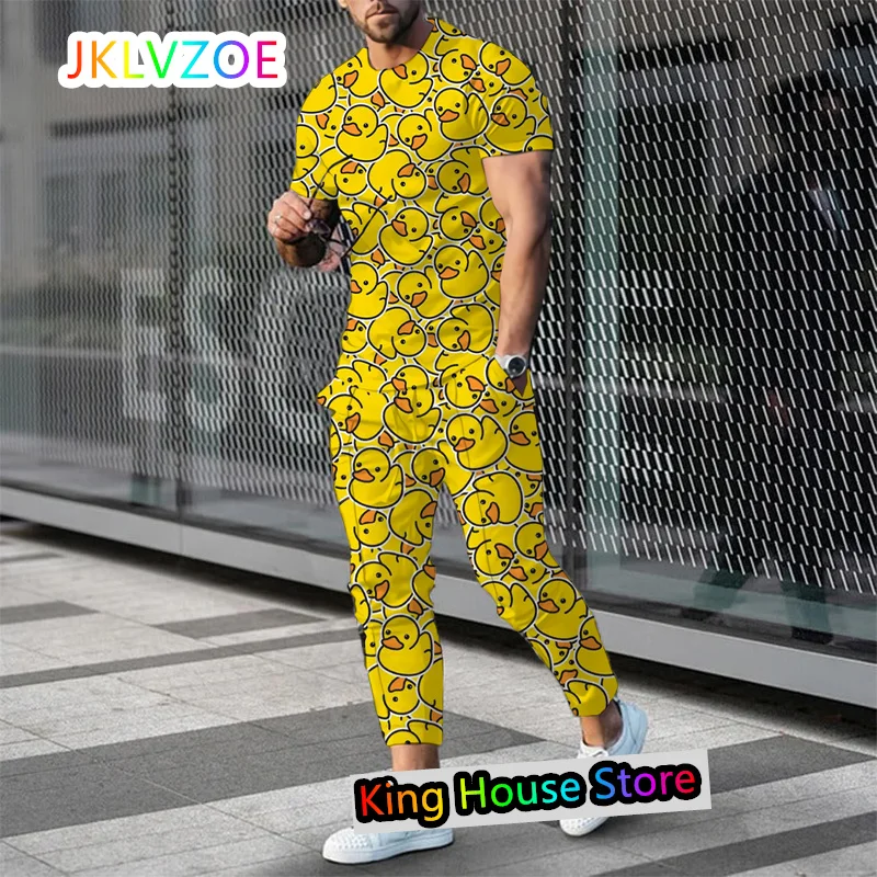 men s tshirt trouser tracksuit 2 piece set fashion 3d jooger outfit suit oversized men clothing set sportswear suit Fashion Sportswear Suit Men Luxury 3D Cartoon Duck Jogging Tracksuit Set  TShirt Trouser 2 Piece Set Male Oversized Clothing Set