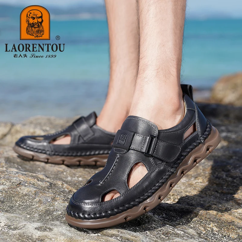 LAORENTOU summer Breathable Middle aged Baotou Hole Shoes Men's Genuine Leather Casual Anti slip Dad Leather Sandals 57513 4