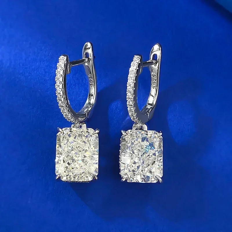 

Radiant Cut 4ct Moissanite Diamond Dangle Earring Real 925 Sterling Silver Jewelry Engagement Wedding Drop Earrings for Women