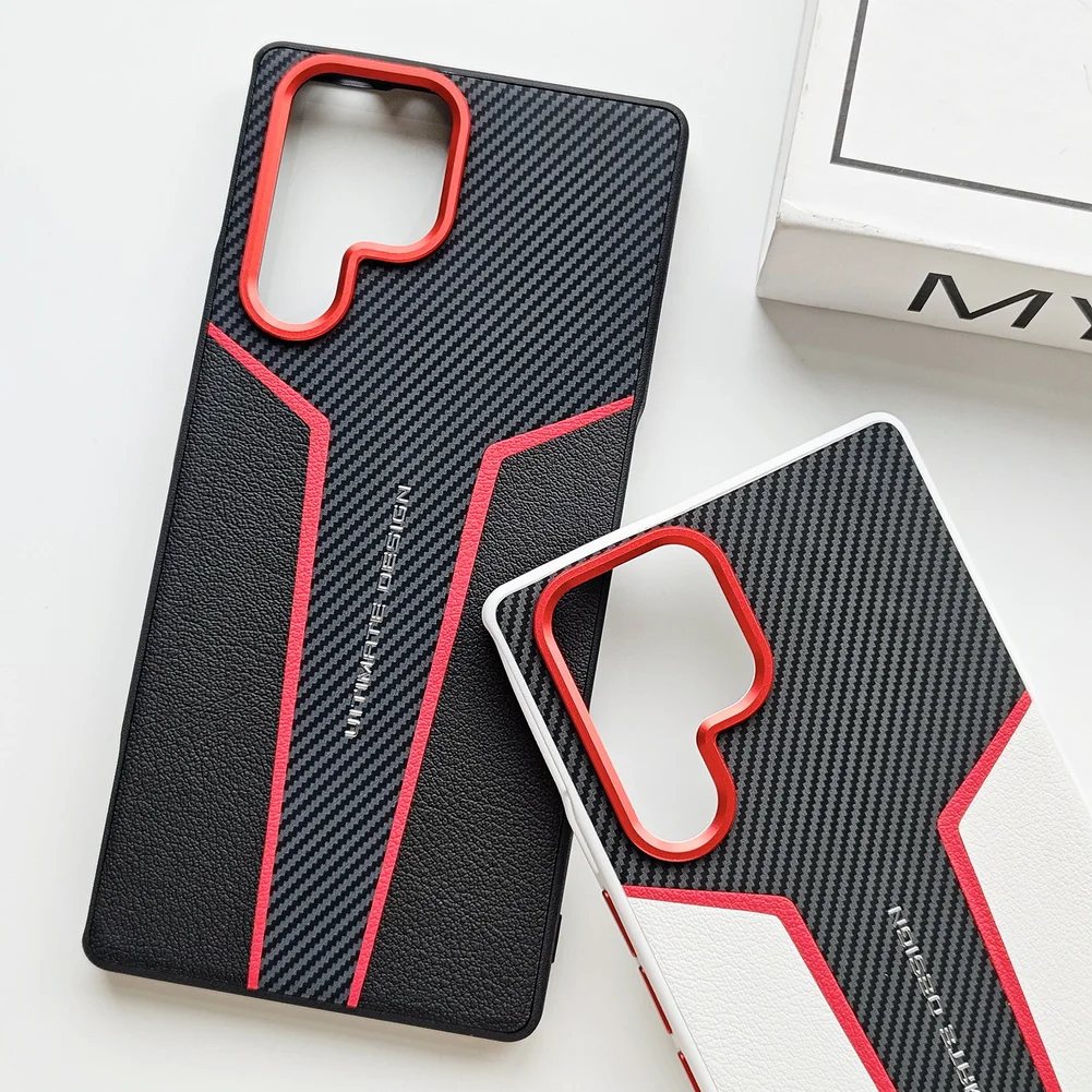 Enhanced Red Spliced Carbon Fiber Leather Phone Case with Camera Protection