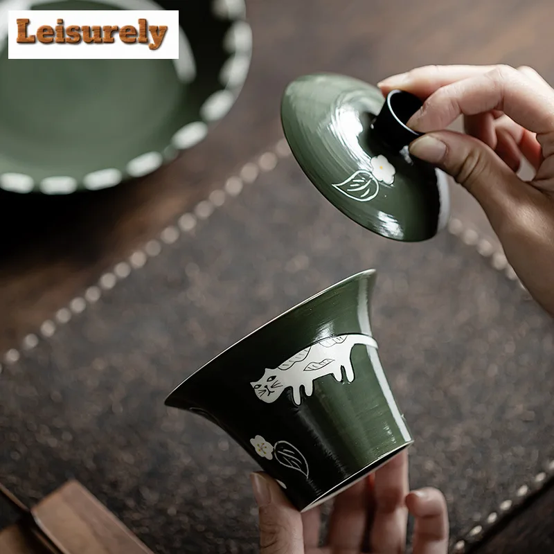 150ml Handmade Powder Yin Olive Green Gaiwan Boutique Hand Painted Cat Tea Tureen Tea Making Cover Bowl Tea Tray Cafes Supplies