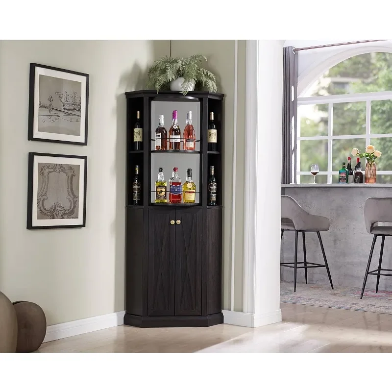 68.5" Versatile Corner Bar Cabinet with Wine Storage, Adjustable Shelf Height, 6-Bottle Wine Rack, Stemware Rack