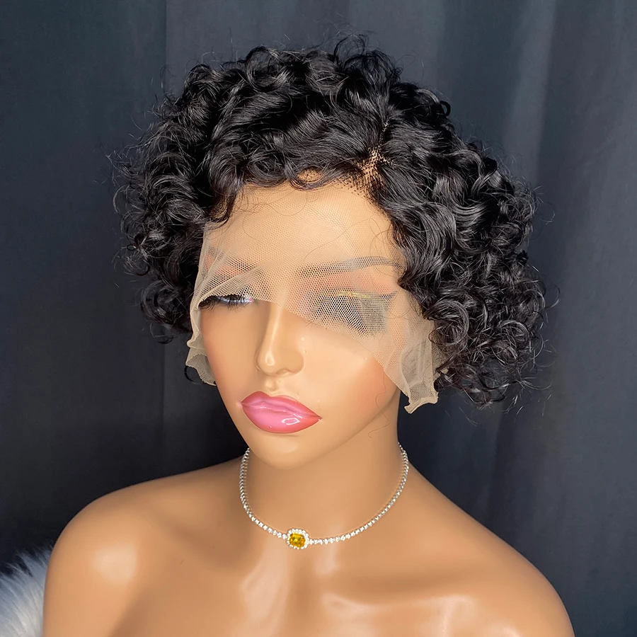 Human Hair Lace Frontal Short Bob Wig Pixie Cut Wig Curly Human Hair Wigs For Women 13*4*1 Lace Front Transparent Deep Wave Lace