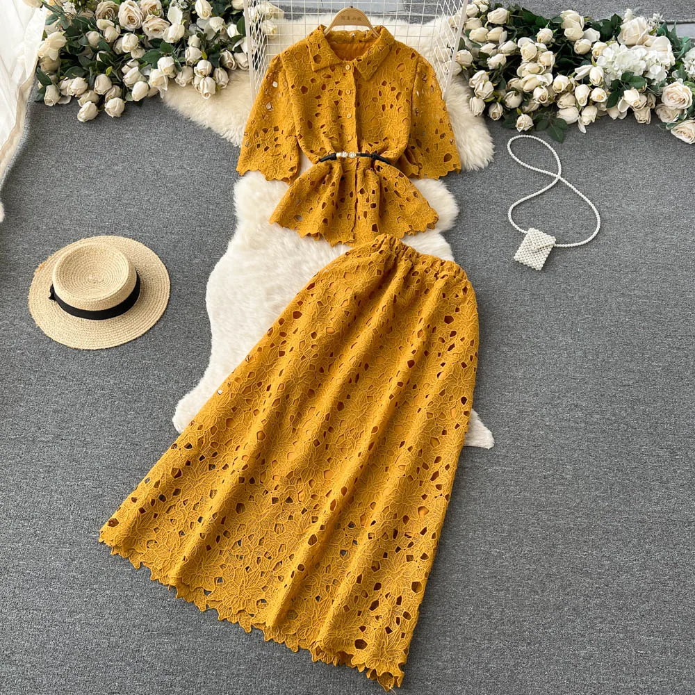 

Croysier Office Elegant Vintage Openwork Lace Sets Short Sleeve Belted Shirt And Long Skirt Two Piece Set Women Outfit 2023