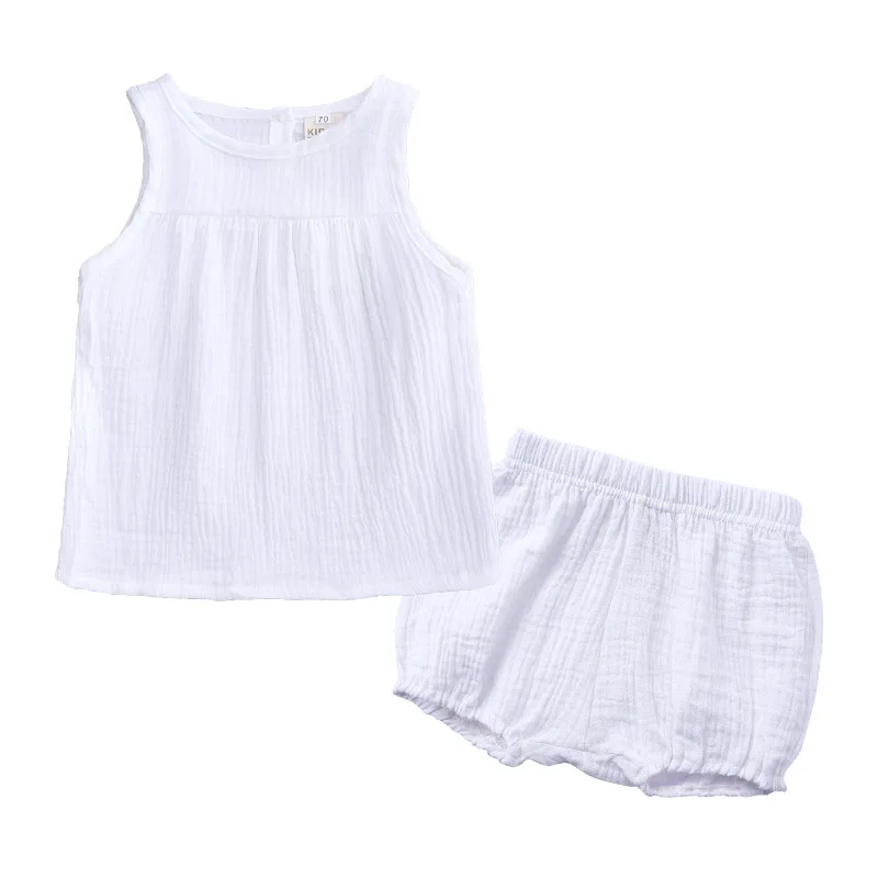 

Children Clothing Suit Sleeveless Linen Cotton Solid Color T-shirt+Shorts Toddler Baby Girl Clothes Set For Summer