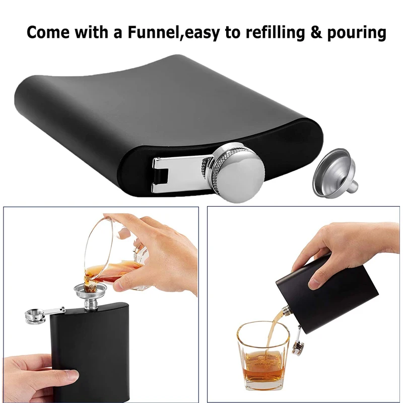 LMETJMA Matte Black Hip Flask for Liquor Stainless Steel Leak proof with Funnel Flask set Drinking Whiskey Flask KC0454