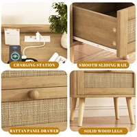 Rattan Nightstand with Charging Station, Rustic Bedside Table with 2 Drawers, Natural Nightstand for Bedroom 6