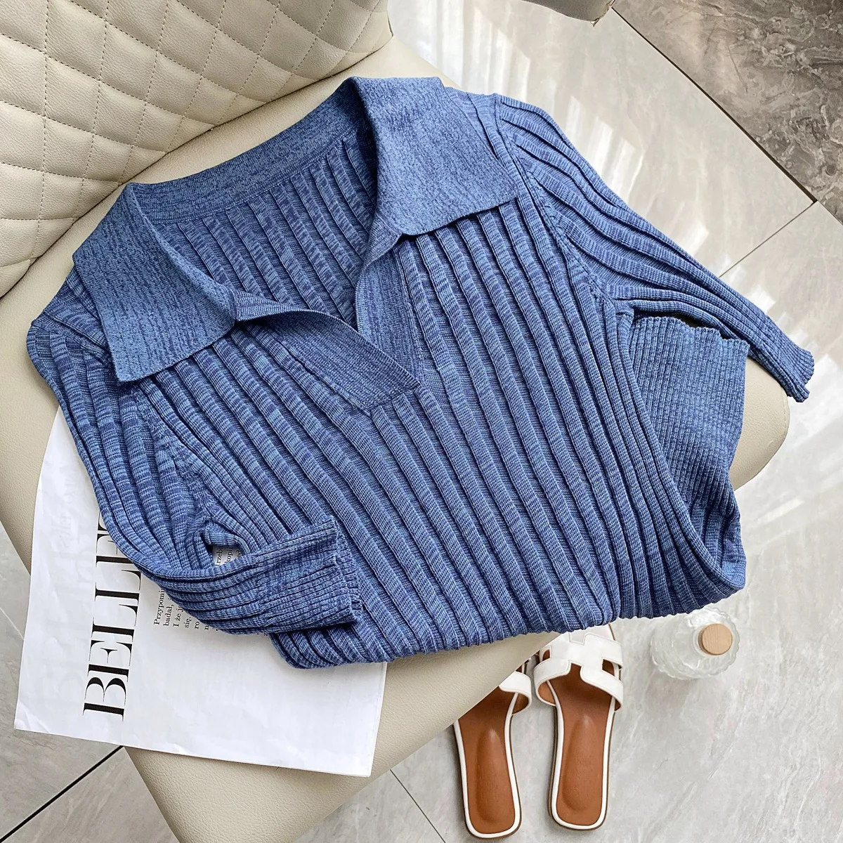 

POLO Collar Pullovers For Women, Thin Knitted Shirt , Blue Color , Sexy Crop Top, Sweater Jumpers, свитер оверсайз