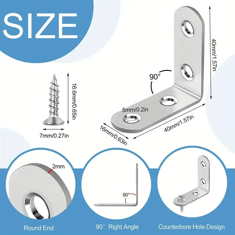 10Pcs Stainless Steel Angle Bracket 90 Degrees Right Angle Bracket With 40pcs Screws For Wooden Shelves Chairs