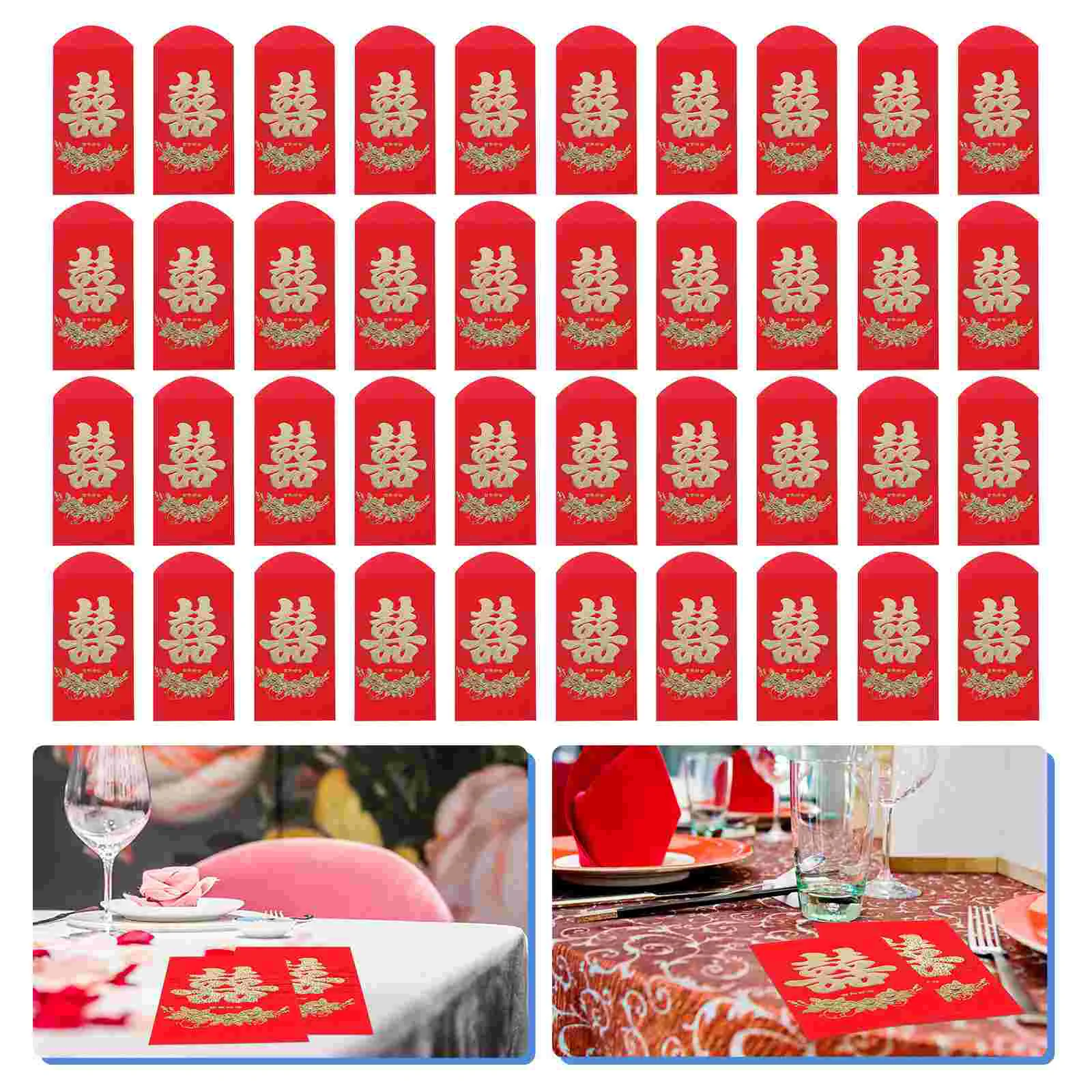 60 Pcs Chinese Style Long Double Happiness Red Envelope Paper Delicate Hong Bao