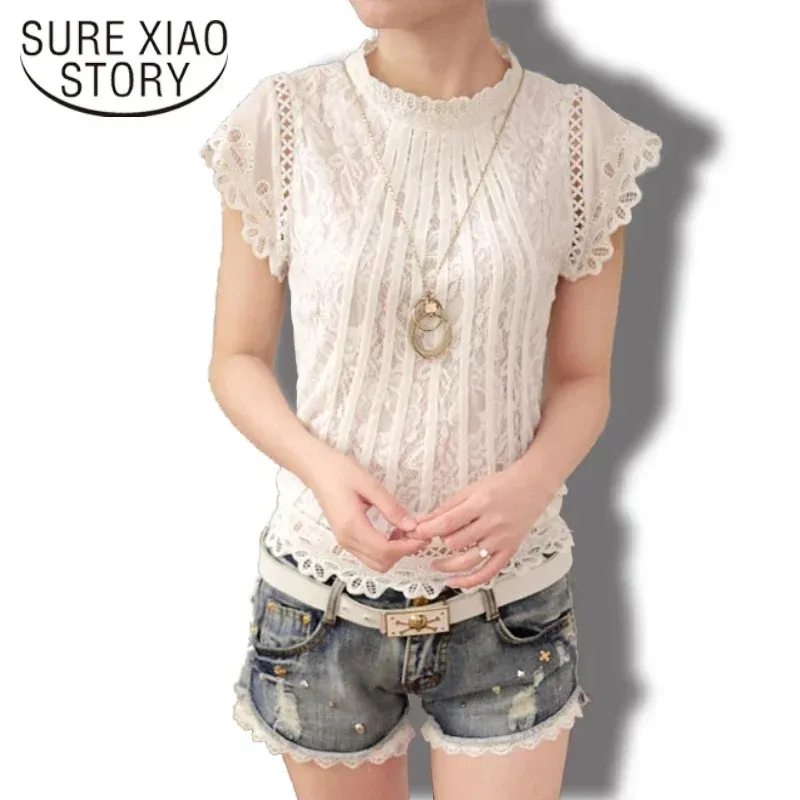 Women's Lace Blouse Short Petal Sleeve O-neck Casual Shirt White Tops Elegant Solid Summer Fashion2025 New 01C 35