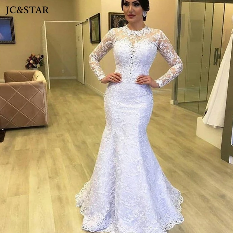 Mermaid Wedding Dresses Bridal Gowns Lace Long Sleeves Bata Noviao-Neck Elegant Simplicity Abito Da Sposa Plus Size Robe Boheme