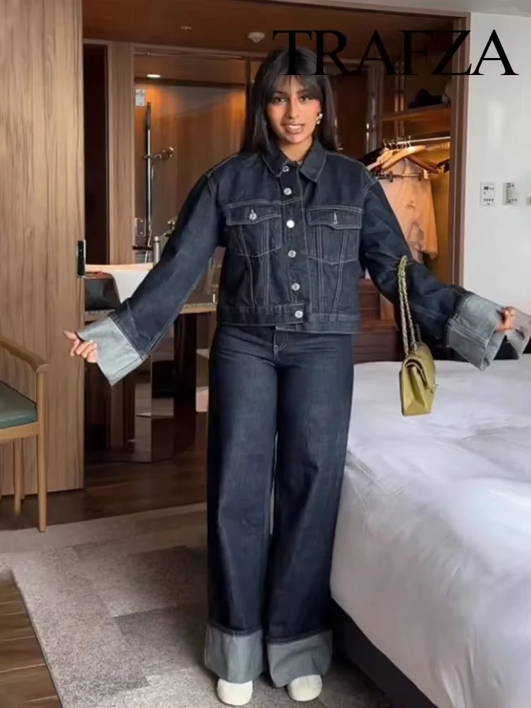 HH Women Fashion High Street Jeans Denim Dark Blue High Waist Zipper Fly Rolled Leg Trouser Loose Casual Wide Leg Pant Jeans