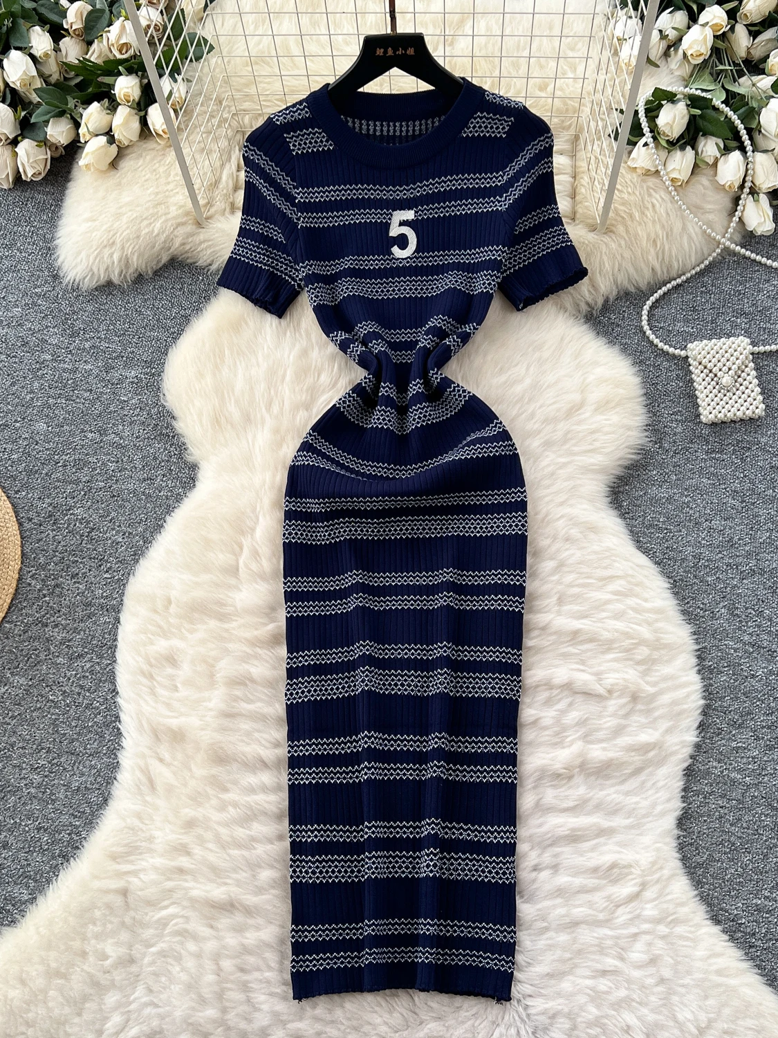 Slim Fit Striped Knitted ort Sve round Ne Dr Women's High Waist A-Line Dr Commute Sle Korean Version Summer Dr