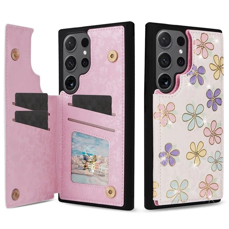 Floral Wallet Card Holder Flip Leather Case with RFID Blocking Technology