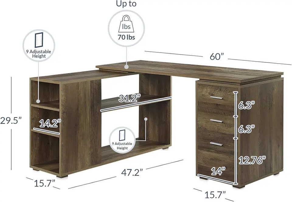 L字型コンピュータデスク、60”学習ライティングテーブル