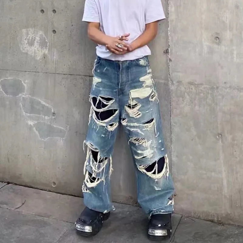 

Y2k Men's Destroyed Jeans Vibe Style Pants Fashion Street Ripped Oversize Hip Hop Denim Trousers Loose Fit Distressed Bottoms