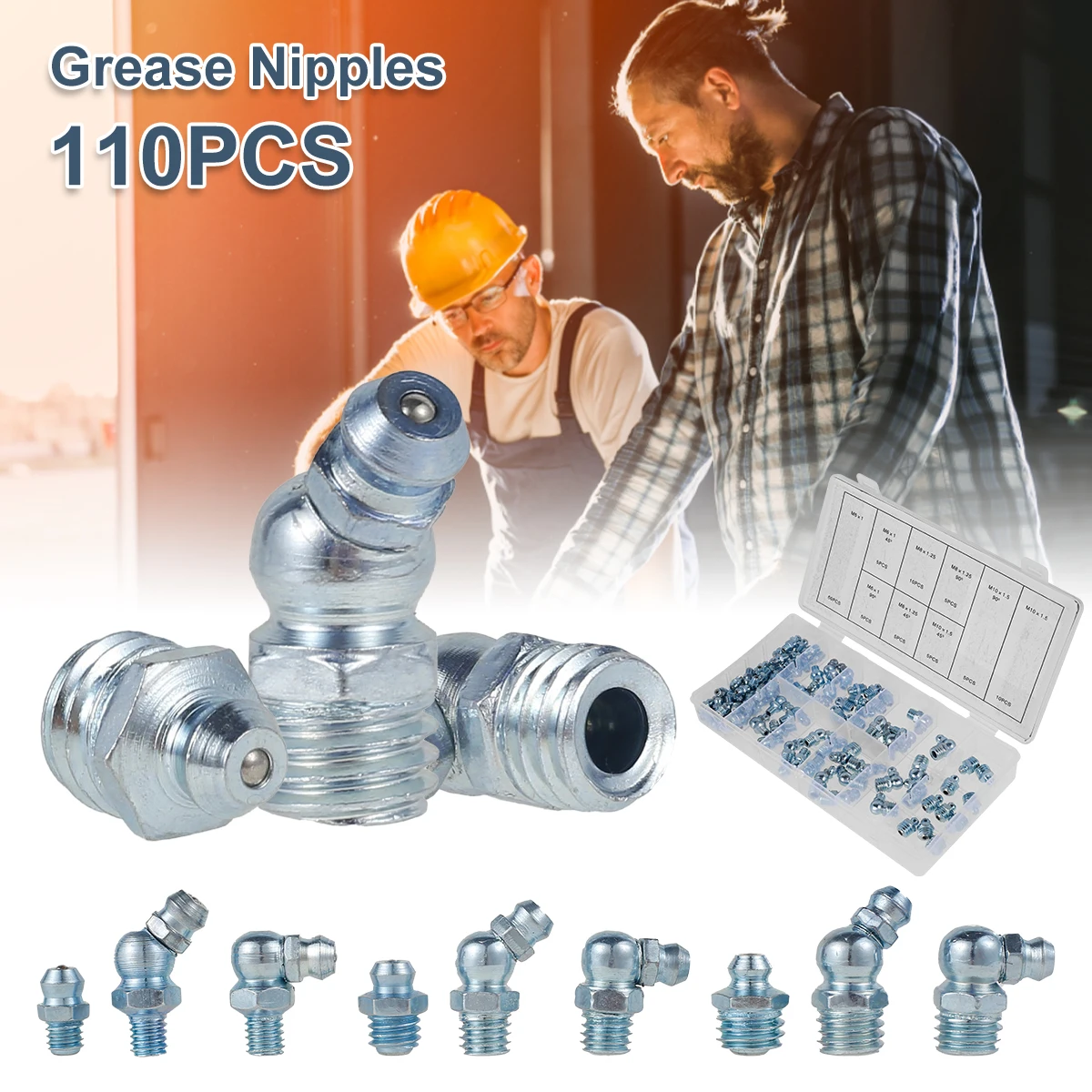 110Pcs Grease Nipple Fittings Assortment Kit Straight 45/90-Degree Angled Galvanized Metal Grease Nipple M6 M8 M10 Grease Nipple