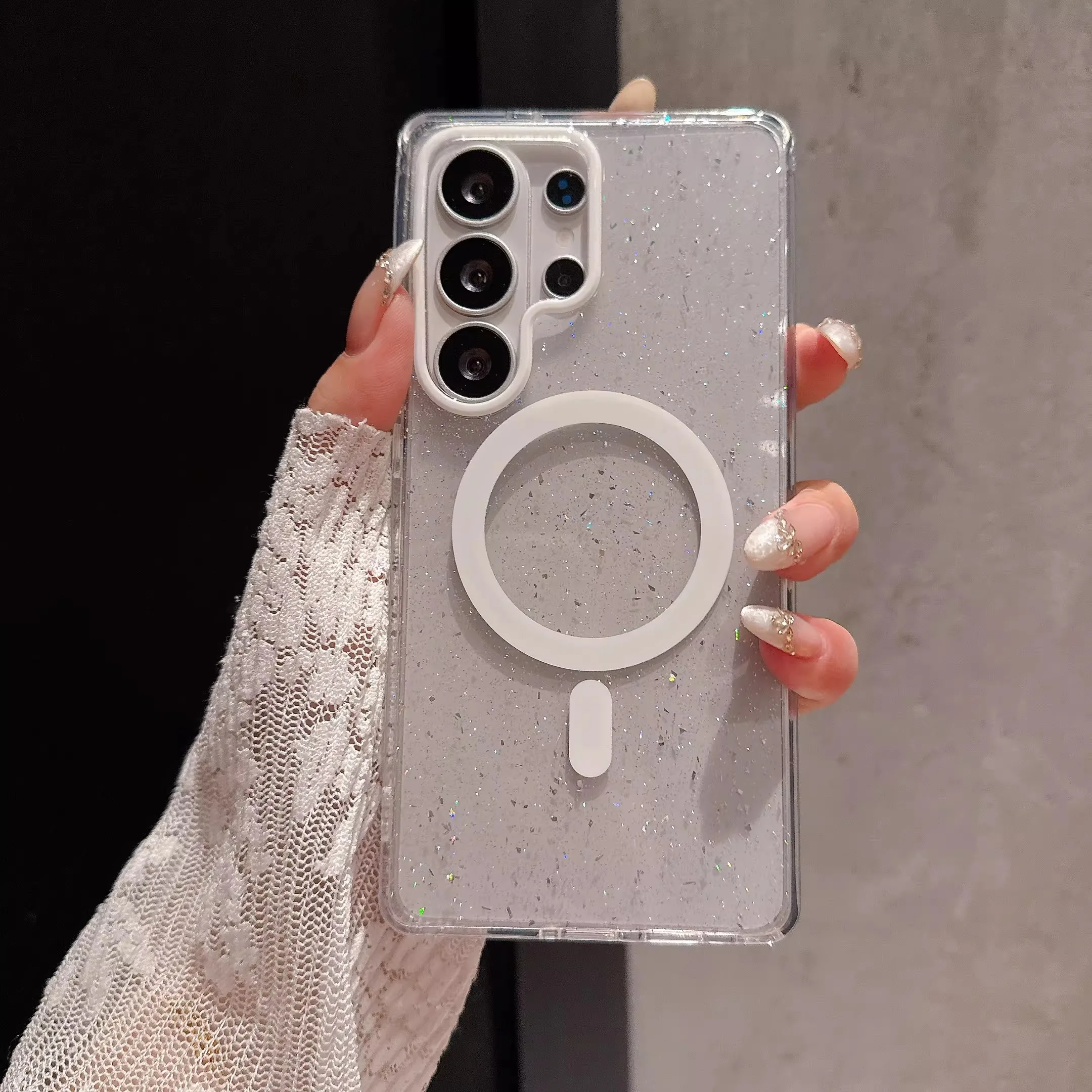 Glitter Transparent Luxury Shockproof Magnetic Phone Case with Bumper Cover