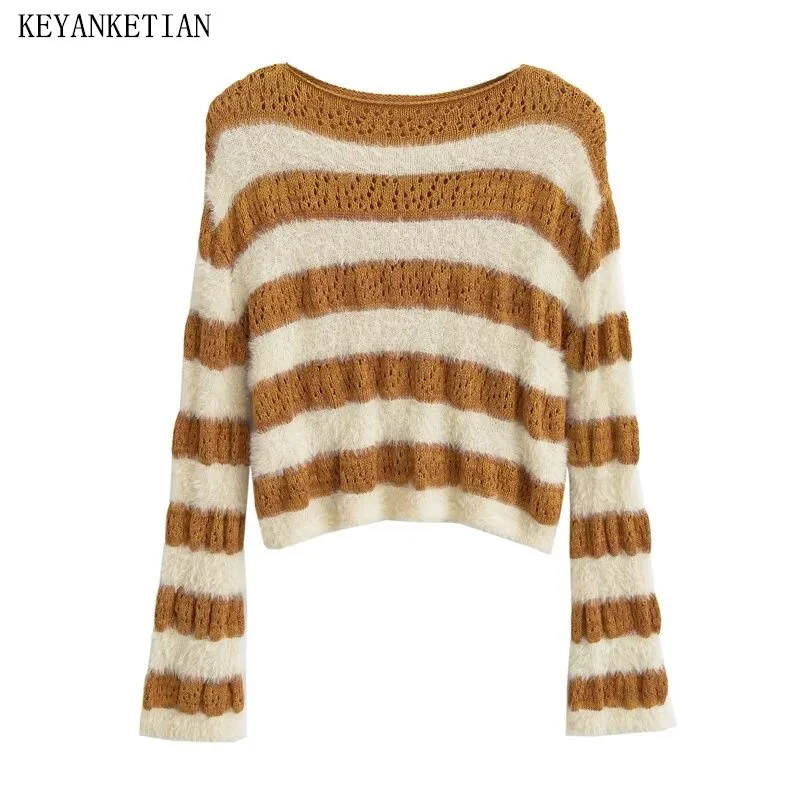

KEYANKETIAN Winter New Women's Hollow Crochet Striped Mohair Patchwork Knitwear American Retro Soft Pullover Crop Sweater Top
