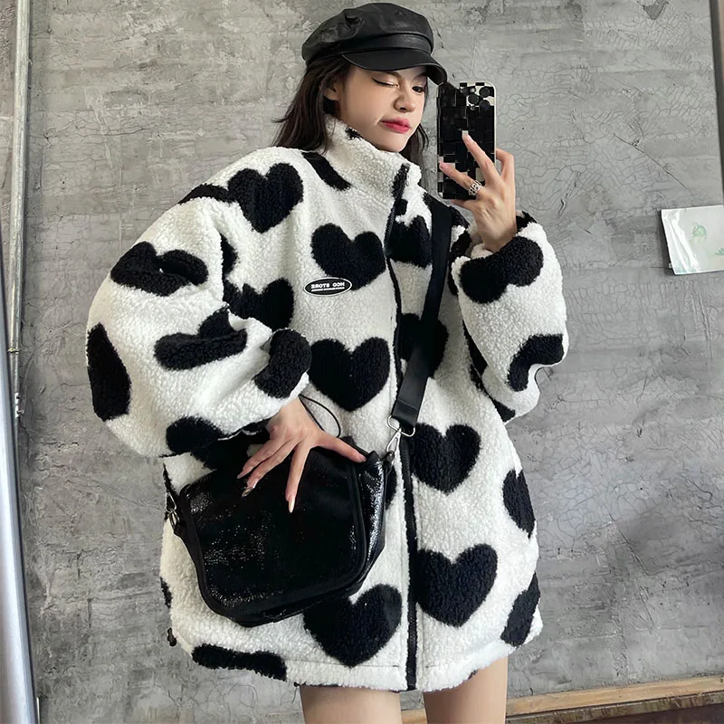 

Y2k Love Heart Print Lamb Fleece Cotton Coat for Women Thikc Warm Soft Double Sides Oversize Padded Jackets Female Winter Coats