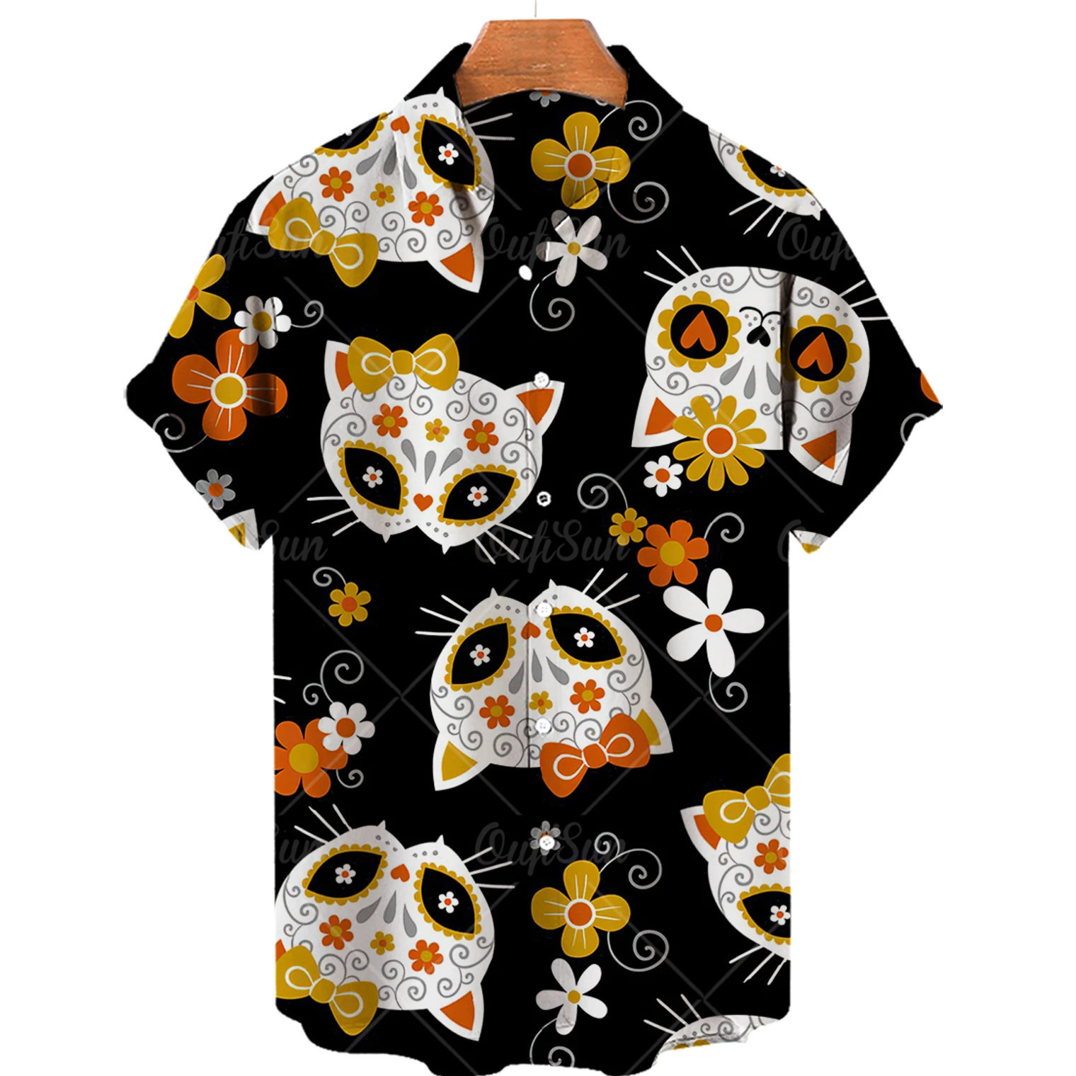 Hawaiian Short Sleeve Men's Shirt, Casual Shirt With Cute Cat Print, Lapel, V-neck, Beach, Summer, 5xl, 2024 5
