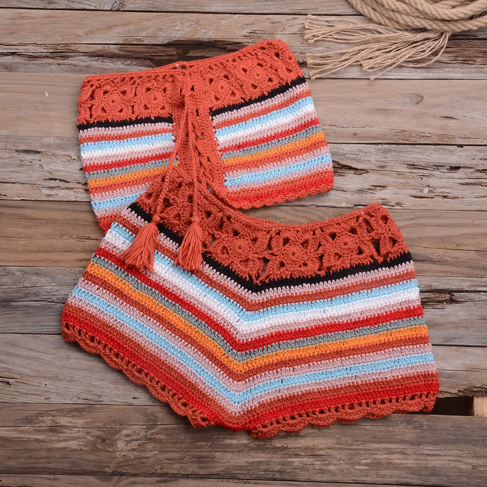 bathing suit bottom cover up 2022 Summer Fashion 2 Piece Women Knitted Crochet Bikini Matching Set Sexy Slash Neck Sleeveless Crop Tops Skirt Shorts Outfits bikini bottom cover up