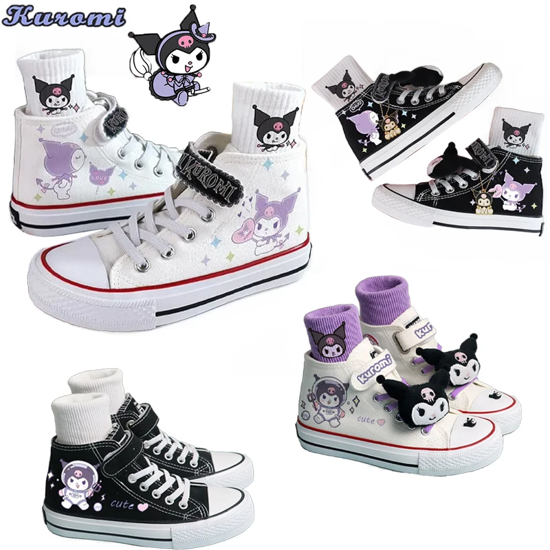 

Холщовые ботинки с аниме Sanrio Kuromi, новые Мультяшные кроссовки на липучке, высокие повседневные ботинки на плоской подошве, стандартные детские подарки
