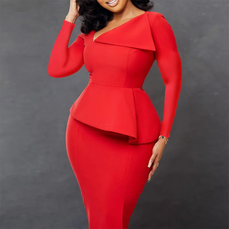 Evening Party Solid Color Long Sleeve Pencil Skirt Autumn Elegant Oblique Collar Patchwork Zipper Plus Size Slim Dress for Women