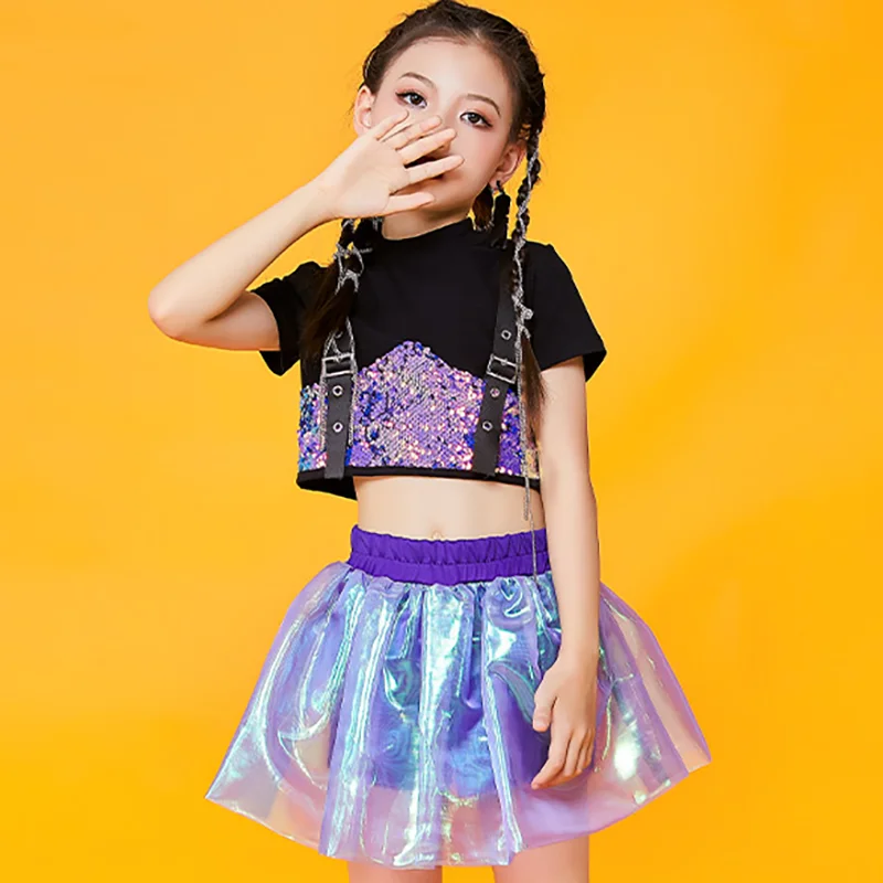 

Kids Clothes Girls Fashion Street Dance Tops & Skirt Stage Perform Sequined Jazz Dance Costume Child Cheerleading Clothing Suit