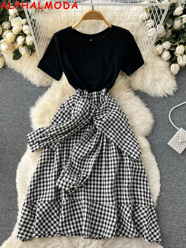 

ALPHALMODA 2022 Summer Patchwork Dress Short-sleeved Plaids Sleeve Sashes Women Chic Casual Irregular Dress