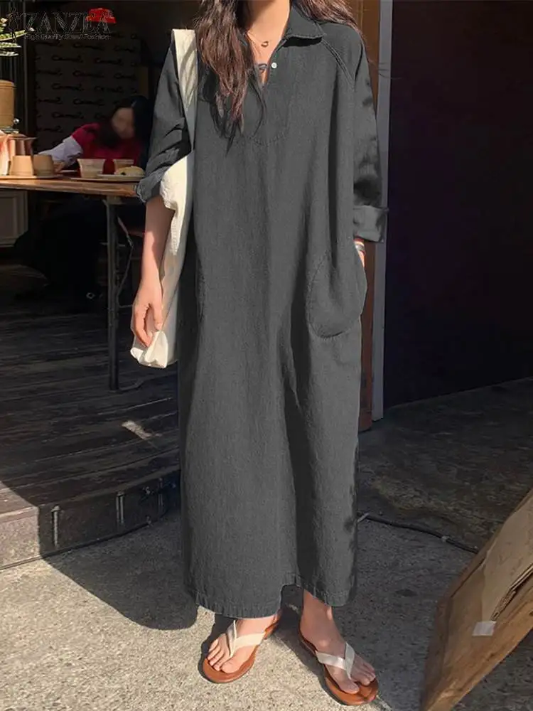 

ZANZEA Fashion Denim Sundress Woman Elegant Solid Dress Long Sleeve Lapel Neck Vestidos Female Casual Party Loose Robe Sarafans