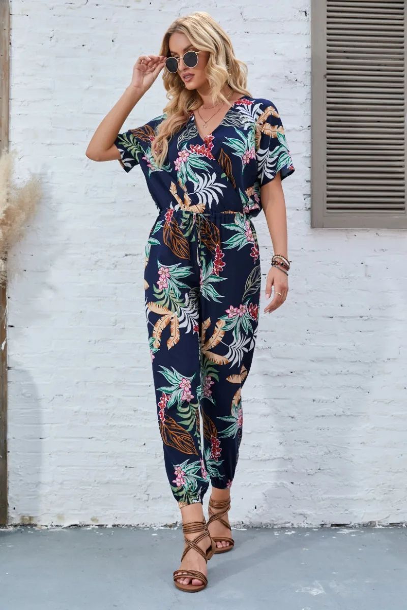 Women's New Sexy and Fashionable Vacation Style Casual Commuting Countryside Style Versatile Colorful Printed V-neck Jumpsuit