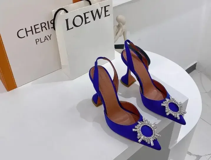 

AMINA MUADDI Begum navy blue satin slingback pumps crystal pointed toe flared heels Sunflower rhinestone fhigh-heeled sandals