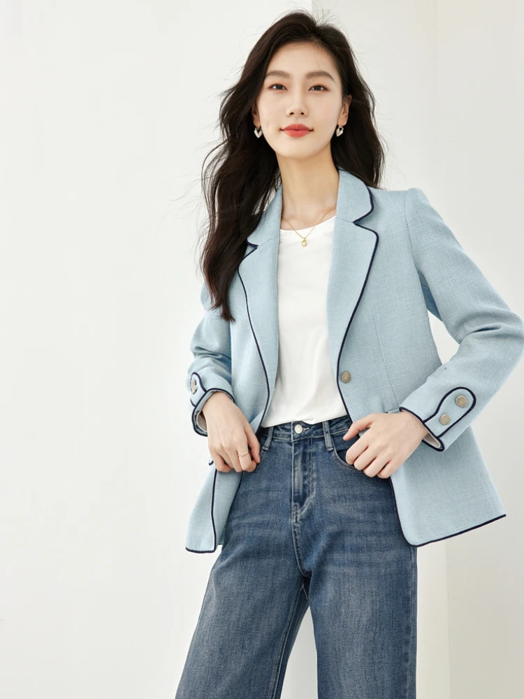 Vimly Blue Notched Collar Blazer for Women 2023 Autumn Office Lady Business Casual Elegant Straight Jackets New in Outerwears