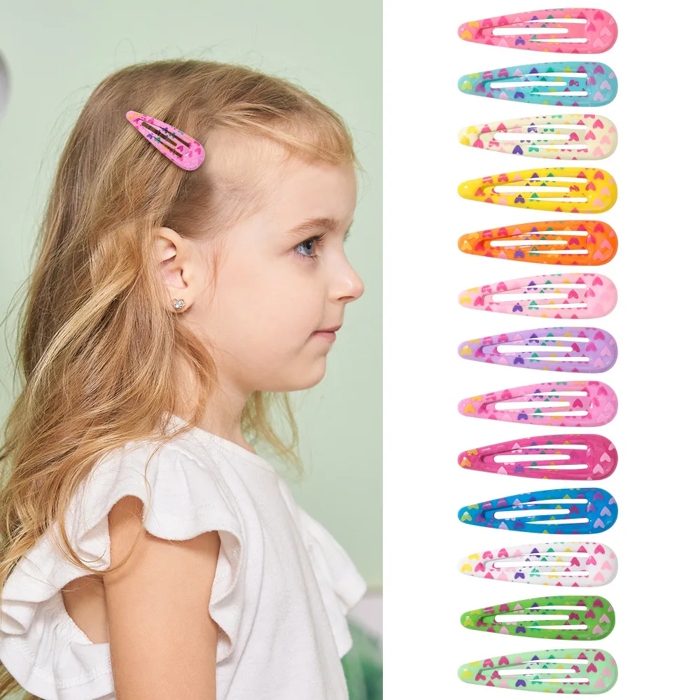 

65 PCS Cute Heart Printed Oil Dripping Baby Snap Clips Girls Baking Varnish Waterdrop Shape Hairpins Kids Hair Accessories