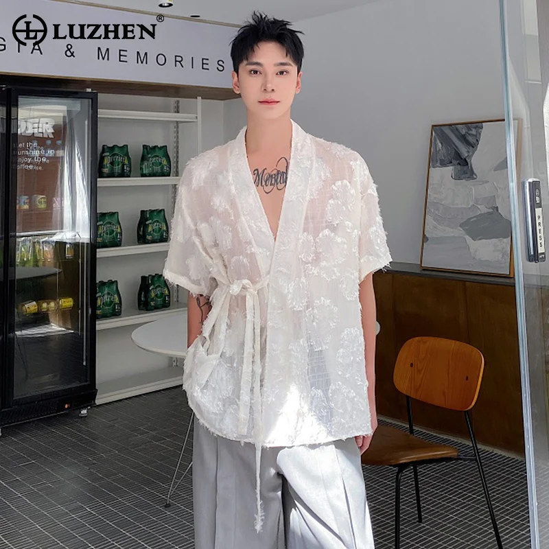 

LUZHEN Jacquard Translucent Design Fashion Short Sleeved Shirts Summer Personality Trendy Street Men's Tops Free Shipping LZ3160