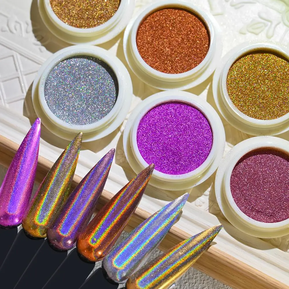 Description Picture 5 of item6 Colors Chrome Laser Nail Powder Holographic Mirror Glitter Pigment Silver/Gold Rub Dust Nail Gel Polish Supplies Chrome Powder