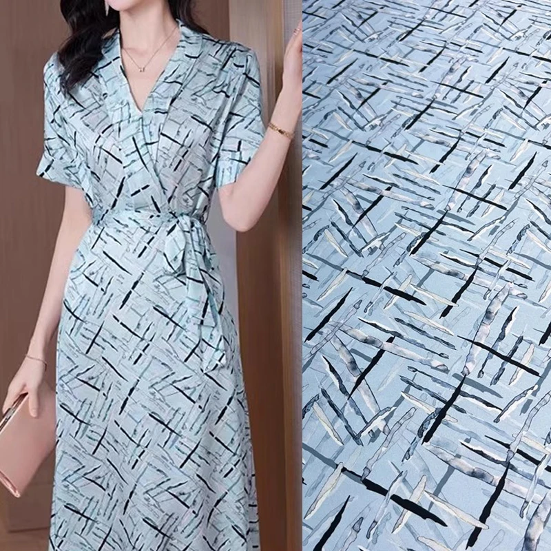 

140CM Wide 19MM Silk Satin Fabric with 93% Silk 7% Spandex Lines Print Elastic Stretch Grey Blue Dress Cheongsam D1340