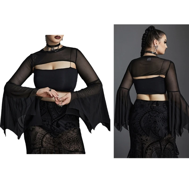 

New style Womens Fashion Long Batwing Sleeve Sexy Sheer Blouses Mesh Crop Top Shirt Sexy See Throught Shirts