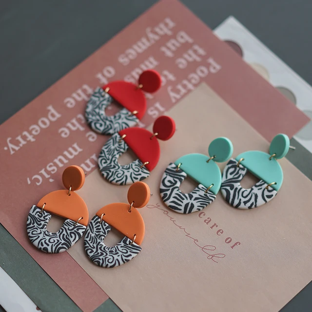 Conjunto de pendientes de arcilla polimérica para fiesta, pendientes  colgantes de gran tamaño con estampado de animales étnicos bohemios  antiguos, patrón abstracto - AliExpress