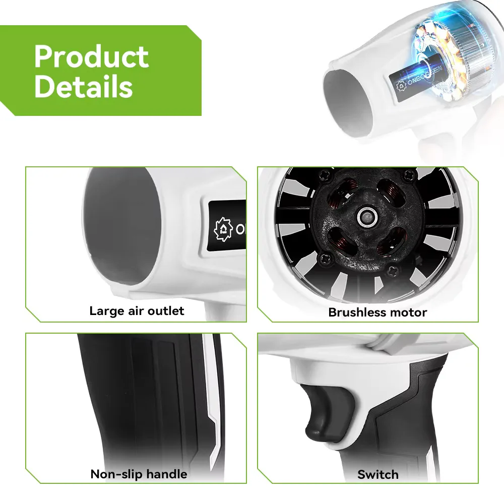 ONEGREEN 2000W Brushless Electric Turbo Blower Jet Fan 200M/S Handheld Air Blower Violent Blowing Tool for Makita 18V Battery 6