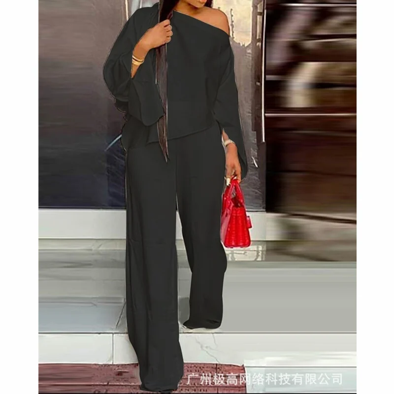 

Women Elegant Fashion Loose Tracksuit Two Piece Set Women Casual Summer One Shoulder Shirt Wide Leg Pants Outfits Streetwear