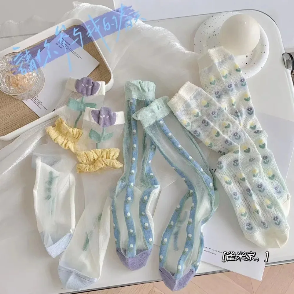 

Летние тонкие сетчатые запасы для женщин тюльпан Роза Хрустальные стеклянные шелковые Носки в Корейском стиле универсальные бриллианты видимые средние чулки